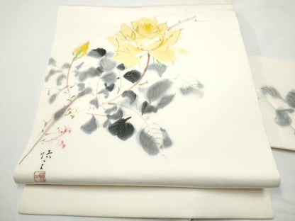 平和屋着物●塩瀬　九寸名古屋帯　作家物　手描き　薔薇　金彩　正絹　逸品　CABE4676hy