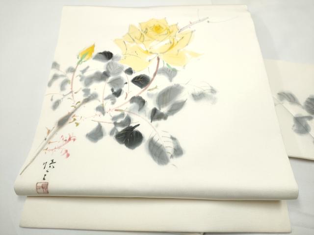 平和屋着物●塩瀬　九寸名古屋帯　作家物　手描き　薔薇　金彩　正絹　逸品　CABE4676hy