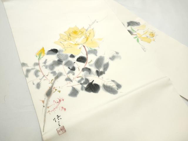 平和屋着物●塩瀬　九寸名古屋帯　作家物　手描き　薔薇　金彩　正絹　逸品　CABE4676hy