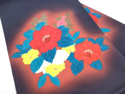 平和屋着物●塩瀬　九寸名古屋帯　手描き　椿　正絹　逸品　CABE4678hy