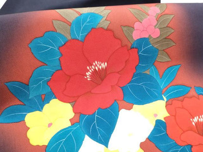 平和屋着物●塩瀬　九寸名古屋帯　手描き　椿　正絹　逸品　CABE4678hy