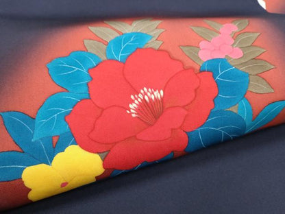 平和屋着物●塩瀬　九寸名古屋帯　手描き　椿　正絹　逸品　CABE4678hy