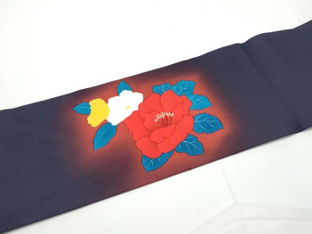 平和屋着物●塩瀬　九寸名古屋帯　手描き　椿　正絹　逸品　CABE4678hy
