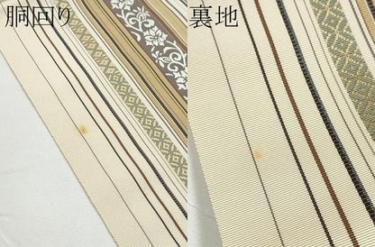 平和屋着物●伝統工芸士 染 木下庄蔵 織 山口和久 本場筑前博多織 八寸名古屋帯 木附子染 筑前間道 博多金ラベル 証紙付 一重帯CABE4679hy