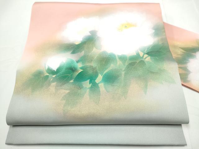 平和屋着物○塩瀬 九寸名古屋帯 手描き 枝牡丹 金彩 正絹 逸品 CABE4682hy