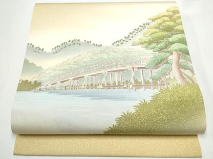 平和屋着物●塩瀬　九寸開き名古屋帯　友禅　作家物　風景文　正絹　逸品　CABE4690hy