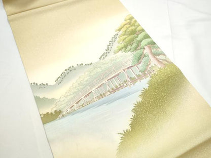 平和屋着物●塩瀬　九寸開き名古屋帯　友禅　作家物　風景文　正絹　逸品　CABE4690hy