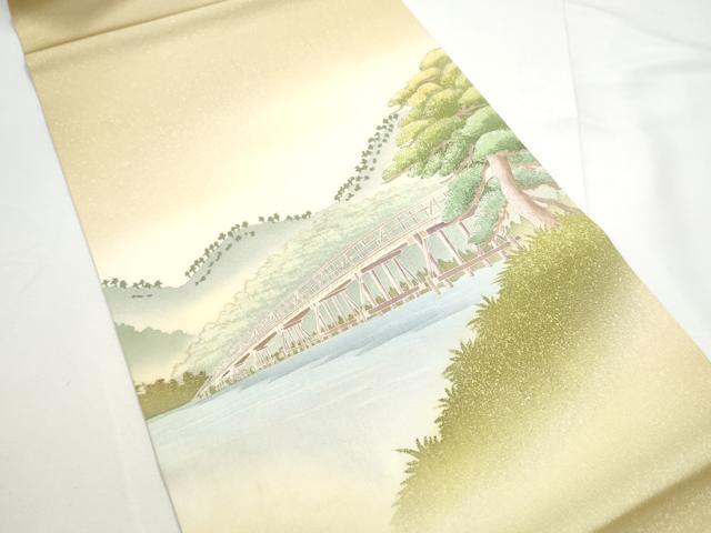 平和屋着物●塩瀬　九寸開き名古屋帯　友禅　作家物　風景文　正絹　逸品　CABE4690hy