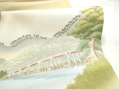 平和屋着物●塩瀬　九寸開き名古屋帯　友禅　作家物　風景文　正絹　逸品　CABE4690hy