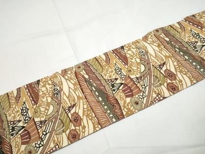 平和屋着物●九寸名古屋帯　紬地　型染め　風景文　正絹　逸品　CABE4692hy