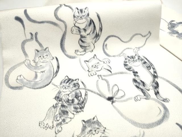 平和屋着物●九寸名古屋帯　手描き　猫　瓢箪　銀通し地　正絹　逸品　CABE4694hy 平和屋着物○九寸名古屋帯 手描き 猫 瓢箪 銀通し地 正絹 逸品