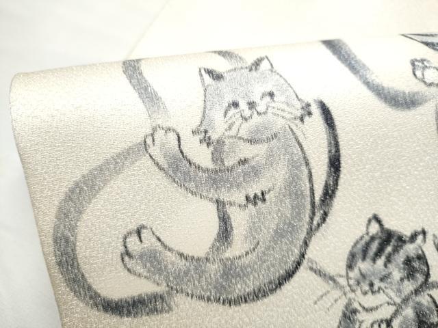 平和屋着物●九寸名古屋帯　手描き　猫　瓢箪　銀通し地　正絹　逸品　CABE4694hy