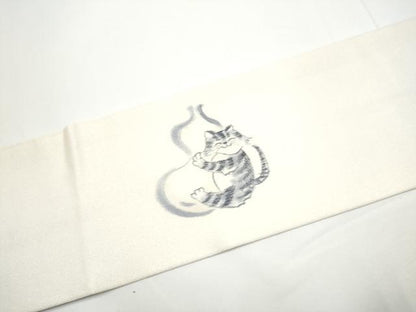 平和屋着物●九寸名古屋帯　手描き　猫　瓢箪　銀通し地　正絹　逸品　CABE4694hy
