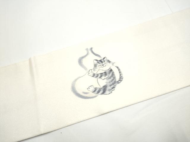 平和屋着物●九寸名古屋帯　手描き　猫　瓢箪　銀通し地　正絹　逸品　CABE4694hy