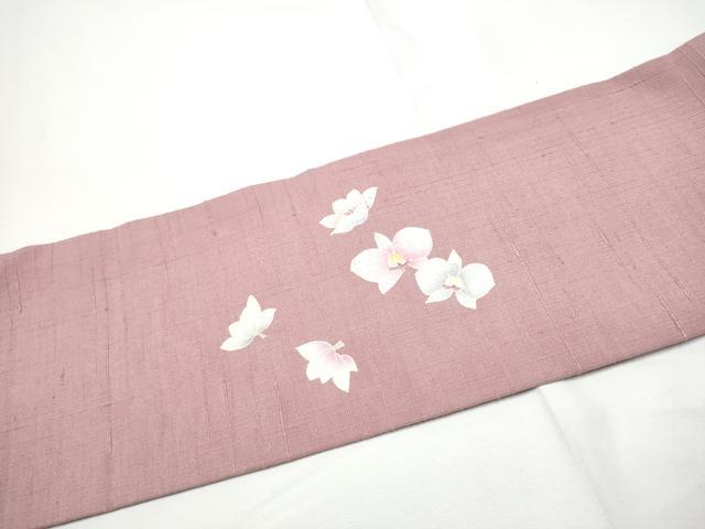 平和屋着物●九寸名古屋帯　紬地　刺繍　友禅　胡蝶蘭　正絹　逸品　CABE4696hy 平和屋着物○九寸名古屋帯 紬地 刺繍 友禅 胡蝶蘭 正絹 逸品