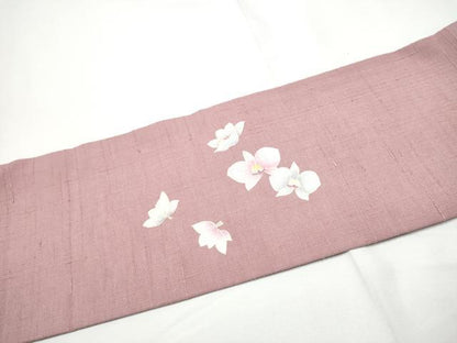 平和屋着物●九寸名古屋帯　紬地　刺繍　友禅　胡蝶蘭　正絹　逸品　CABE4696hy