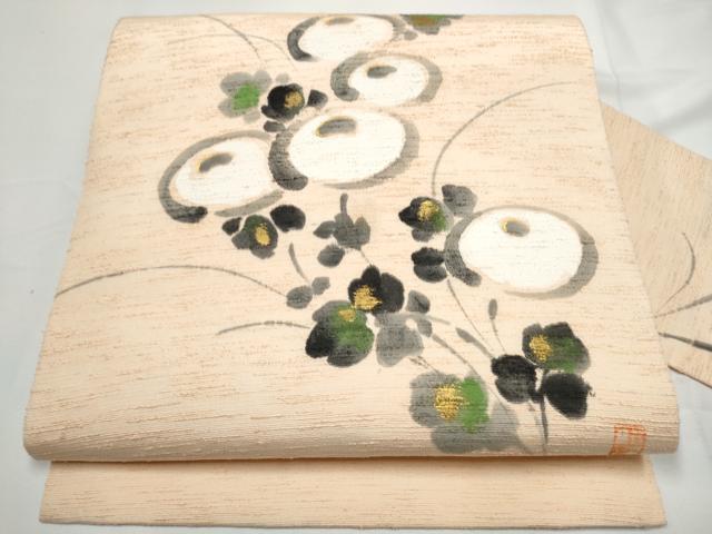 平和屋着物●九寸名古屋帯　作家物　紬地　手描き　万寿菊　金彩　正絹　逸品　CABE4697hy