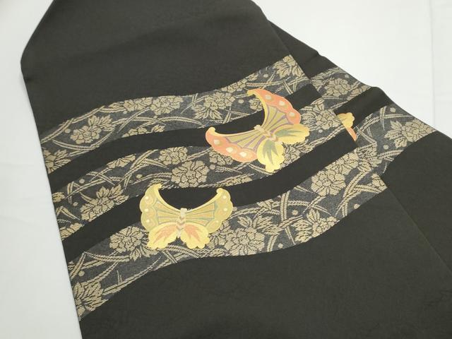平和屋着物●岩井半四郎　歌舞伎役者 日本舞踊家　九寸名古屋帯　花蝶文　黒地　金彩　正絹　逸品　CABE4701hy