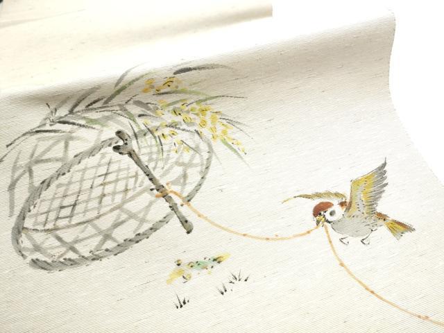 平和屋着物●八寸名古屋帯　作家物　手描き　栗繭　雀　白根澤謹製　証紙付き　正絹　逸品　CABE4704hy