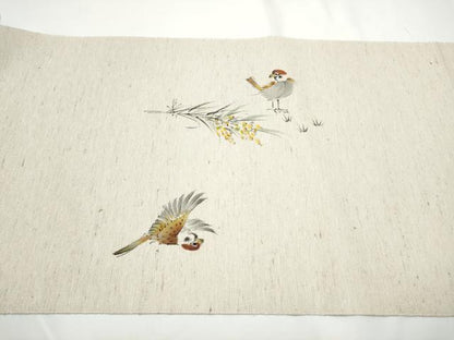 平和屋着物●八寸名古屋帯　作家物　手描き　栗繭　雀　白根澤謹製　証紙付き　正絹　逸品　CABE4704hy