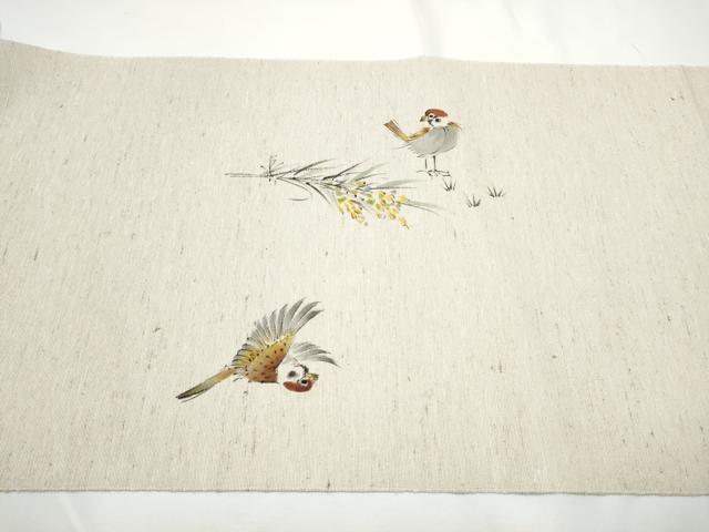 平和屋着物●八寸名古屋帯　作家物　手描き　栗繭　雀　白根澤謹製　証紙付き　正絹　逸品　CABE4704hy