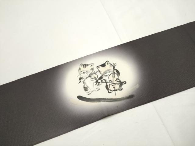 平和屋着物●塩瀬　九寸名古屋帯　手描き　猫　演奏　銀通し地　正絹　逸品　CABE4705hy