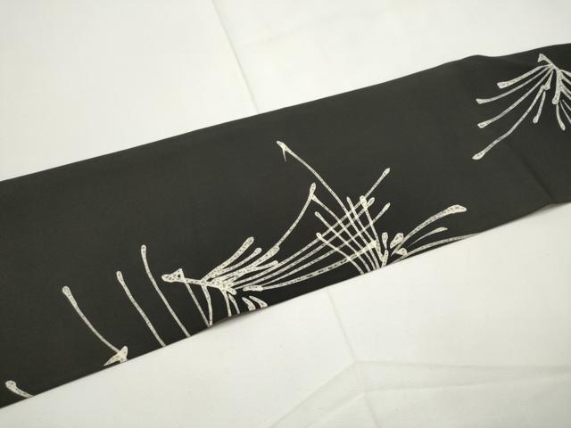 平和屋着物●塩瀬　九寸名古屋帯　ろうけつ染　松葉文　黒地　正絹　逸品　CABE4707hy
