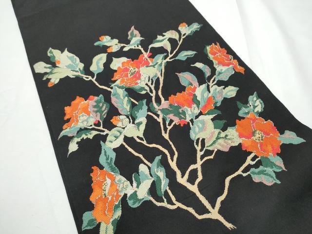 平和屋着物●洛風林　工芸帯地　六通柄　本袋帯　作家物　枝花文　黒地　金糸　正絹　逸品　CABE4728hy