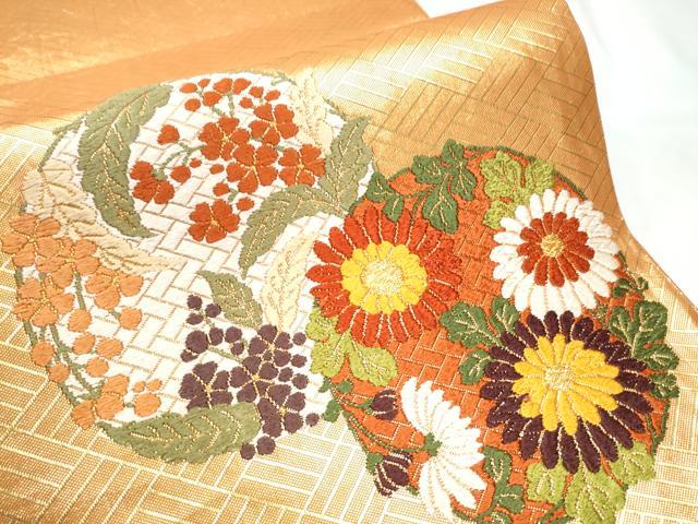 平和屋着物●西陣　河合美術織物謹製　六通柄袋帯　唐織　草花丸文　金糸　正絹　逸品　CABE4733hy