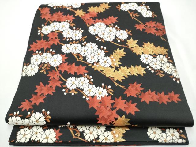 平和屋着物●六通柄袋帯　唐織　枝桜文　黒地　金糸　正絹　逸品　CABE4739hy