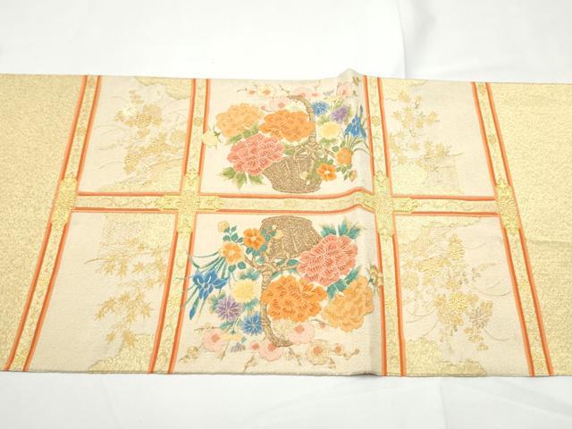 平和屋着物●太鼓柄袋帯　綴れ　花籠文　金糸　正絹　逸品　CABE4761hy