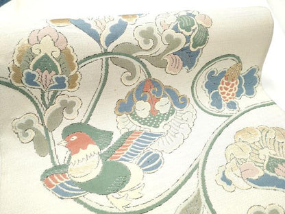 平和屋着物●太鼓柄袋帯　すくい織　更紗花鳥文　金糸　正絹　逸品　CABE4767hy