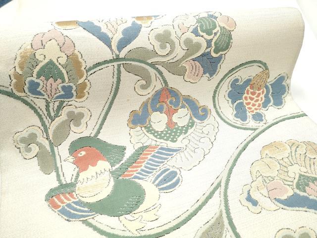 平和屋着物●太鼓柄袋帯　すくい織　更紗花鳥文　金糸　正絹　逸品　CABE4767hy