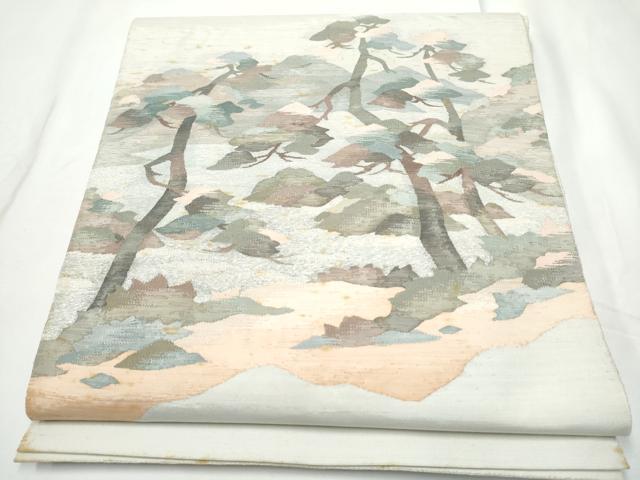 平和屋着物●太鼓柄袋帯　すくい織　遠山草木文　銀糸　正絹　逸品　CABE4768hy