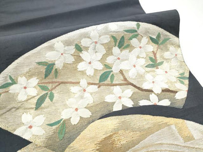 平和屋着物●太鼓柄袋帯　すくい織　地紙枝桜文　金銀糸　正絹　逸品　CABE4792hy