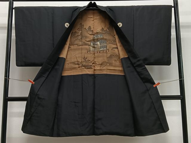 平和屋着物∞男性　長羽織　黒紋付　羽裏：風景文　正絹　逸品　CABE4833ua