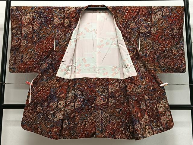 平和屋着物∞道行コート　輪奈ビロード　草花文　ロング丈　正絹　逸品　未使用　CABE4865ua