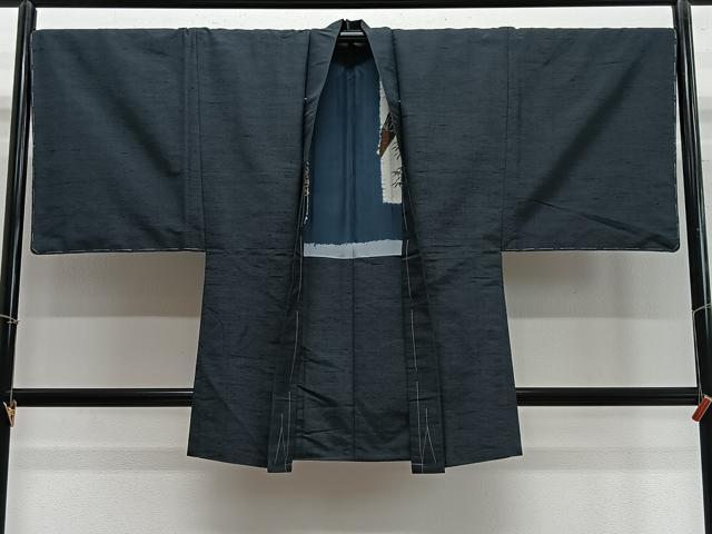 平和屋着物∞男性　長羽織　紬地　鉄御納戸色　正絹　逸品　CABE4869ua