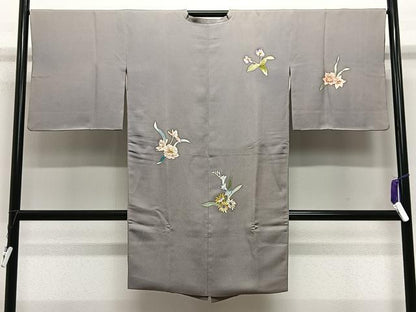 平和屋着物∞染刺工芸　大羊居　東京友禅　道行コート　刺繍　草花文　金糸　ロング丈　正絹　逸品　CABE4878ua