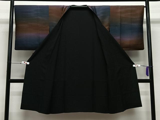 平和屋着物∞道行コート　リバーシブル　霞文　暈し染め　黒地　ロング丈　正絹　逸品　CABE4892ua