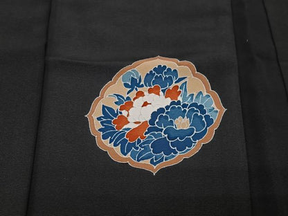 平和屋着物＃羽織　友禅　草花文　黒地　正絹　逸品　未使用　CABE4904ua