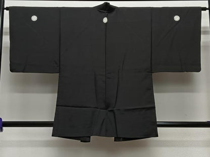 平和屋着物＃男性　羽織　黒紋付　羽裏：風景文　正絹　逸品　CABE4905ua