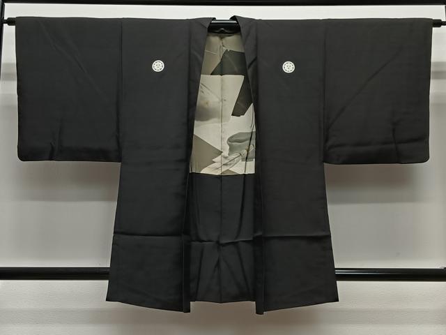 平和屋着物＃男性　羽織　黒紋付　羽裏：風景文　正絹　逸品　CABE4905ua