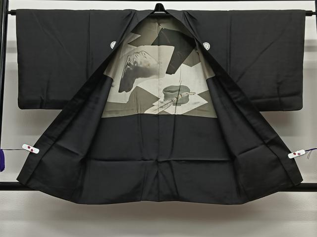 平和屋着物＃男性　羽織　黒紋付　羽裏：風景文　正絹　逸品　CABE4905ua