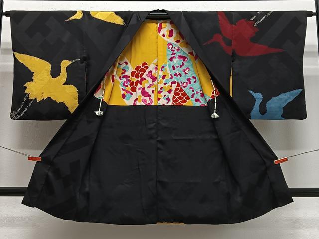 平和屋着物∞長羽織　刺繍　絞り　飛鶴文　黒地　金銀糸　正絹　逸品　CABE4911ua