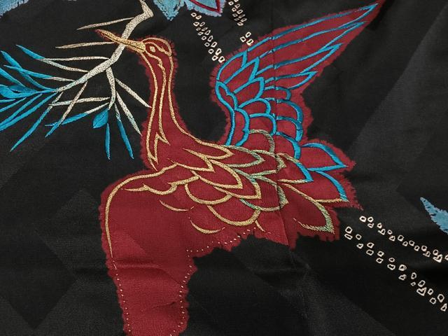 平和屋着物∞長羽織　刺繍　絞り　飛鶴文　黒地　金銀糸　正絹　逸品　CABE4911ua