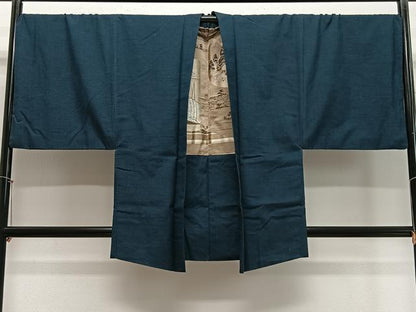 平和屋着物∞男性　羽織　紬地　高麗納戸色　キングサイズ　正絹　逸品　CABE4920ua