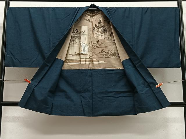 平和屋着物∞男性　羽織　紬地　高麗納戸色　キングサイズ　正絹　逸品　CABE4920ua