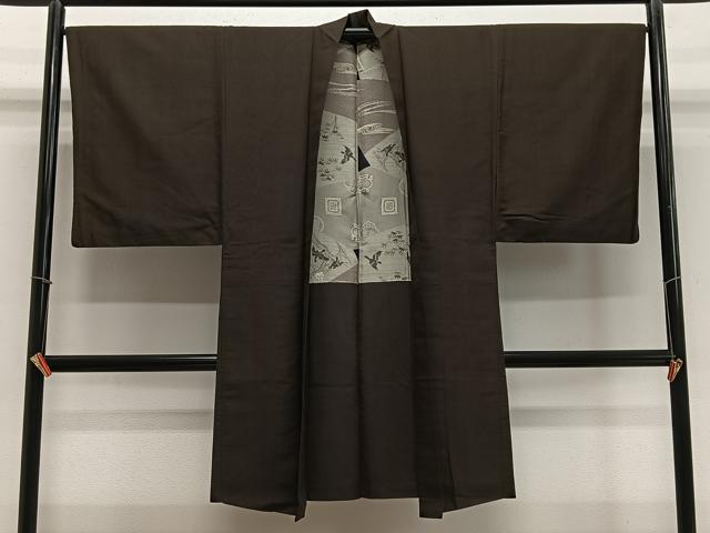 平和屋着物＃男性　長羽織　紬地　霞文　正絹　逸品　CABE4932ua