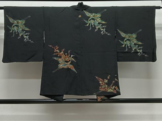 平和屋着物＃羽織　寿光織　飛鶴花文　黒地　金銀糸　正絹　逸品　CABE4936ua